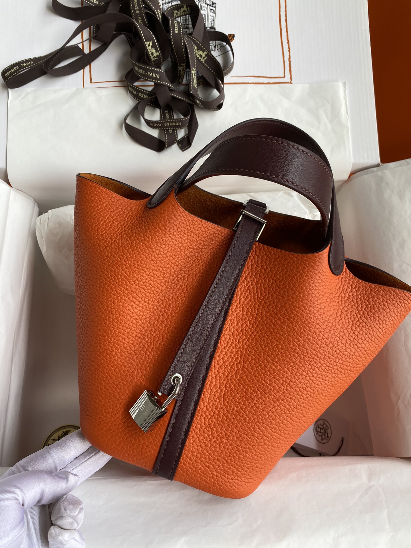 Hermes Picotin Lock 18 Bag In Orange/Bordeaux Clemence Leather